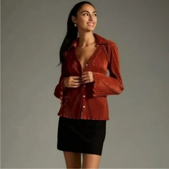 NWT Anthropologie Dolan Lettuce Hem Button Down Top Brown Size XS - Picture 1 of 12